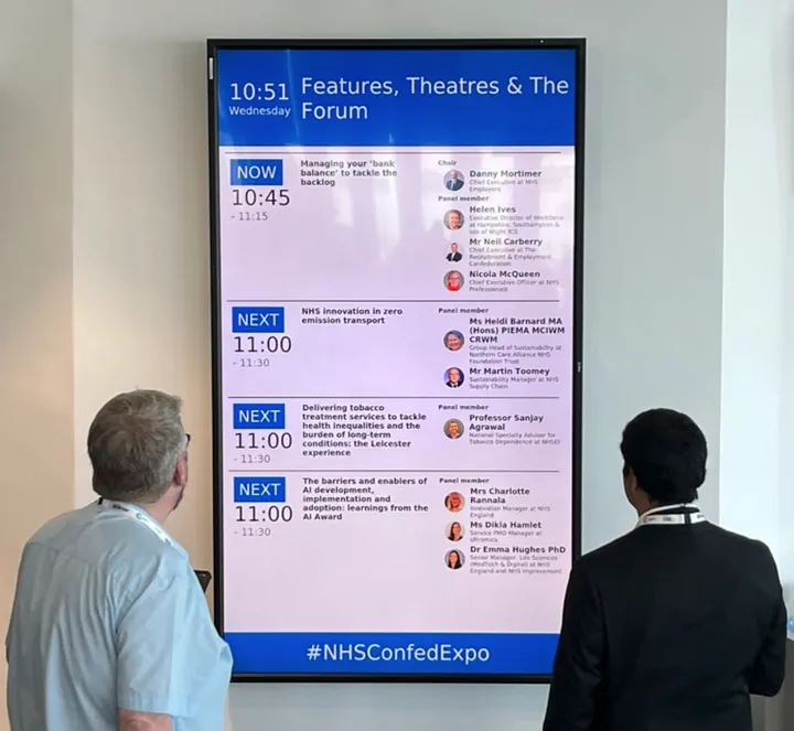 Agenda information published from Lineup Ninja and displayed on screens at NHS Confed Expo in 2022 Agenda displayed on a screen image