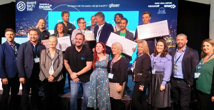 The winners, judges and hosts of Event Tech Live’s ‘Launchpad’ startup competition: one of many case studies in the book. Launchpad startup competition awards image